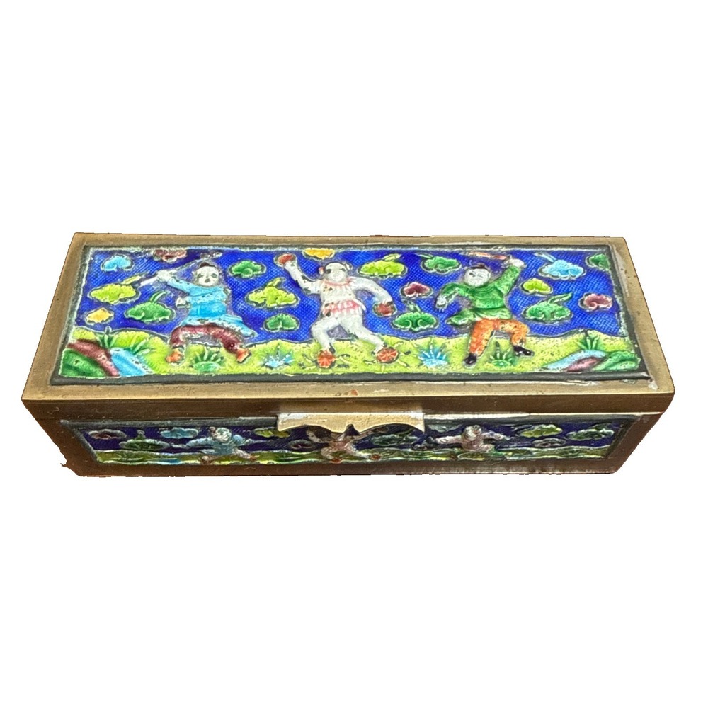 Vintage Chinese Brass Stamp Box Warriors Fighting In Clouds Enamel Marked CHINA